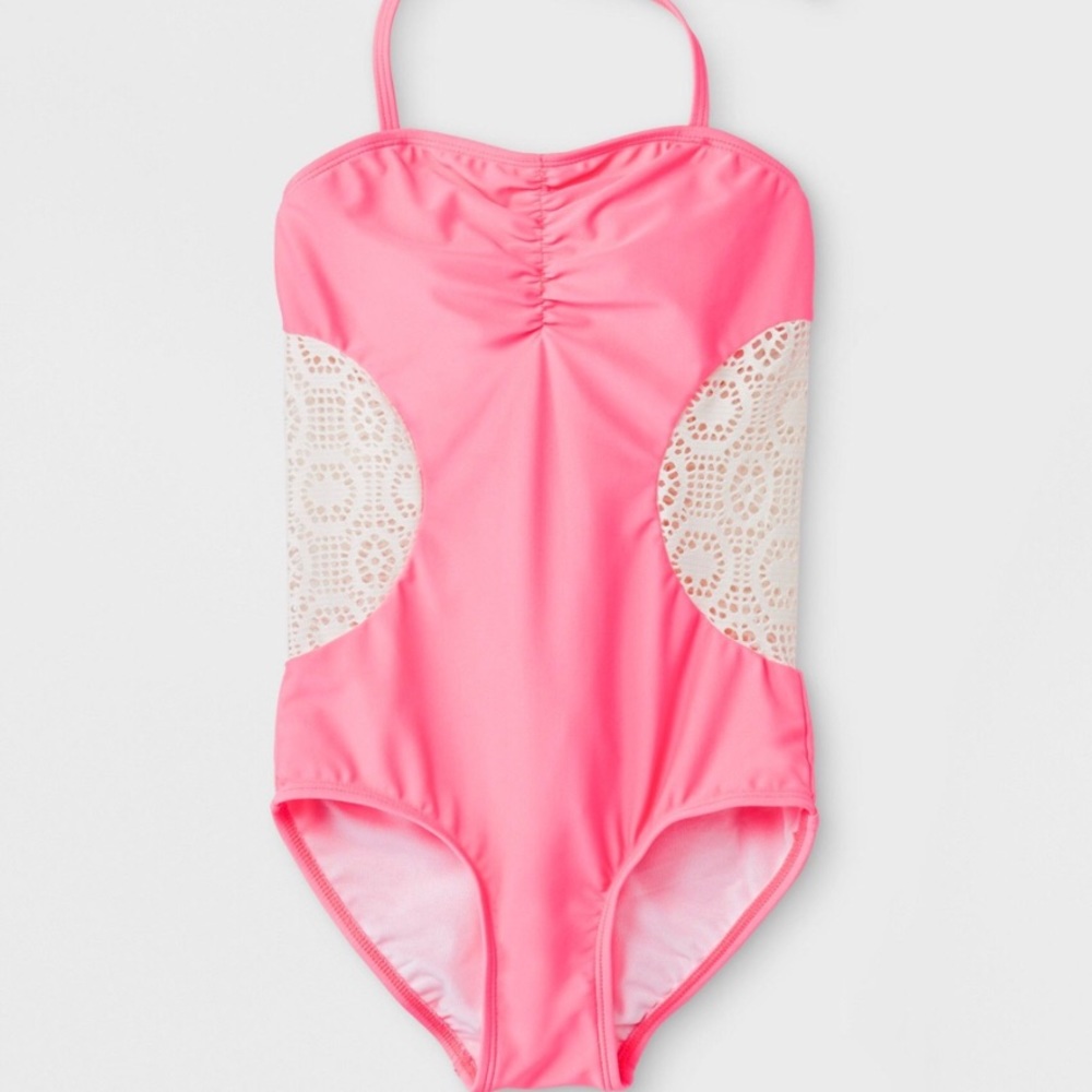 Hot pink one piece swimsuit with lace cutouts!